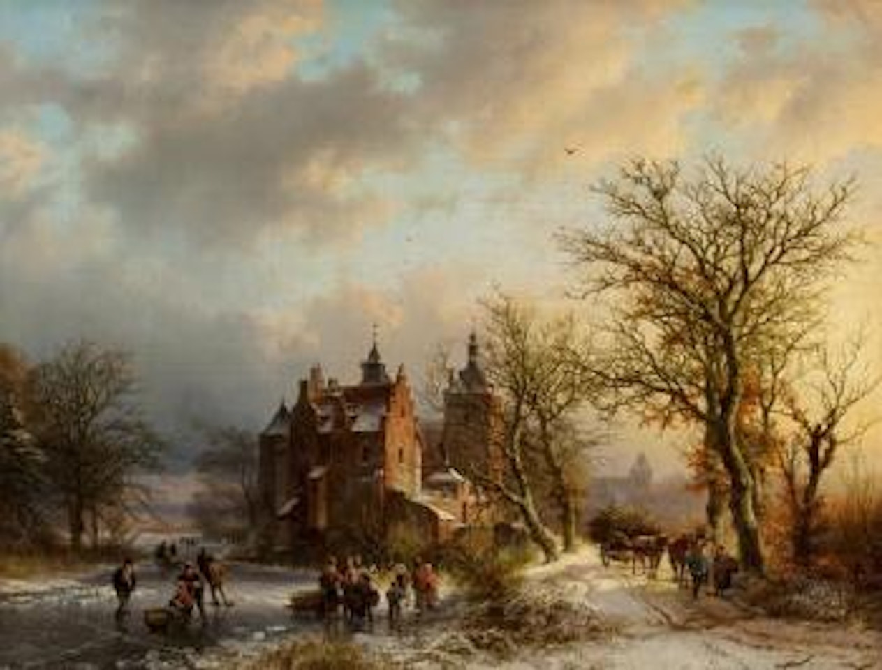 Winter landscape with wood gatherers and skaters by Barend Cornelis Koekkoek