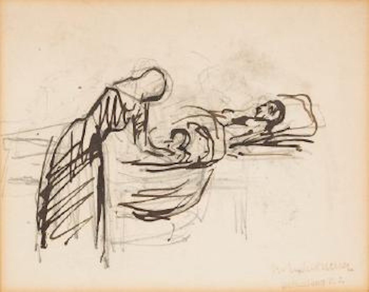 Mutter mit Kind am Bett der Großmutter by Max Liebermann