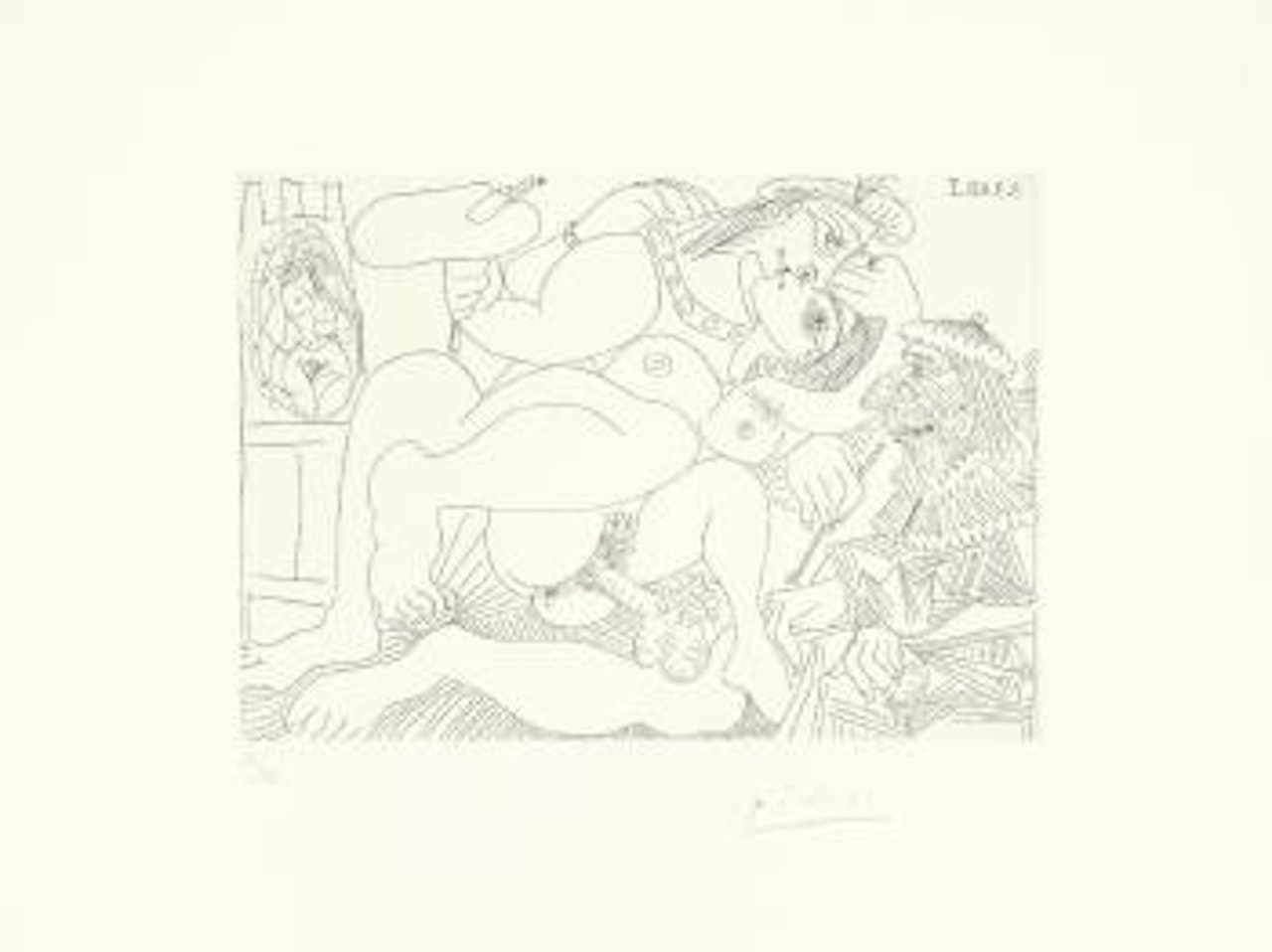 Raphaël et la Fornarina, XIII: dans son fauteuil, le pape en tire la langue (Les 347, pl. 308) by Pablo Picasso