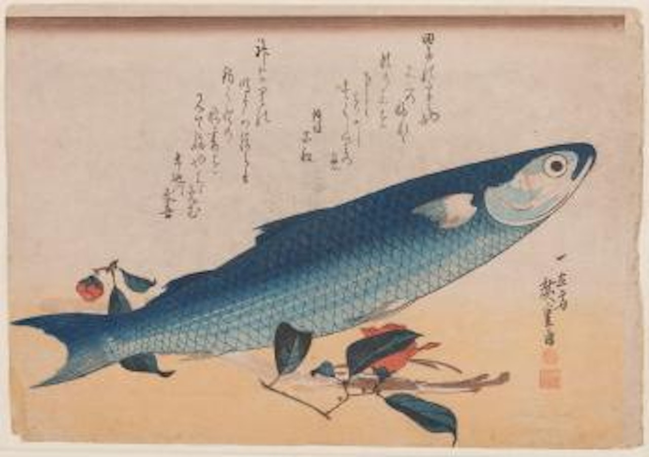 Mullet, Asparagus and Camellia, or Bora Fish with Camellia by Utagawa Hiroshige
