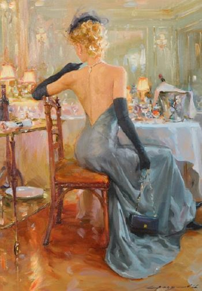 At The Ball, an Elegant Lady Seated at a Dining Table by Constantin Razoumov