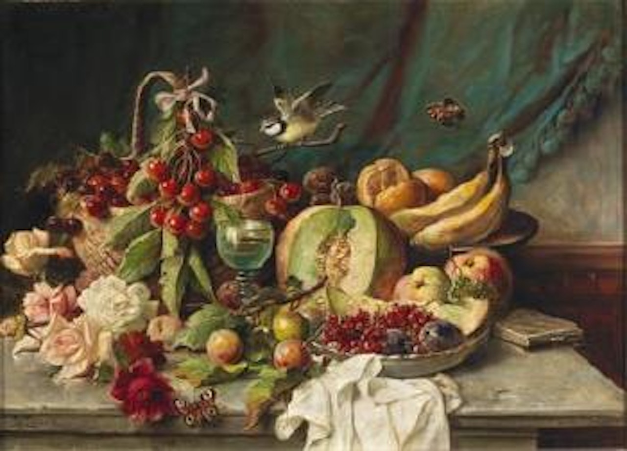 Still Life with Fruit, with Butterfly and Goldfinch by Hans Zatzka