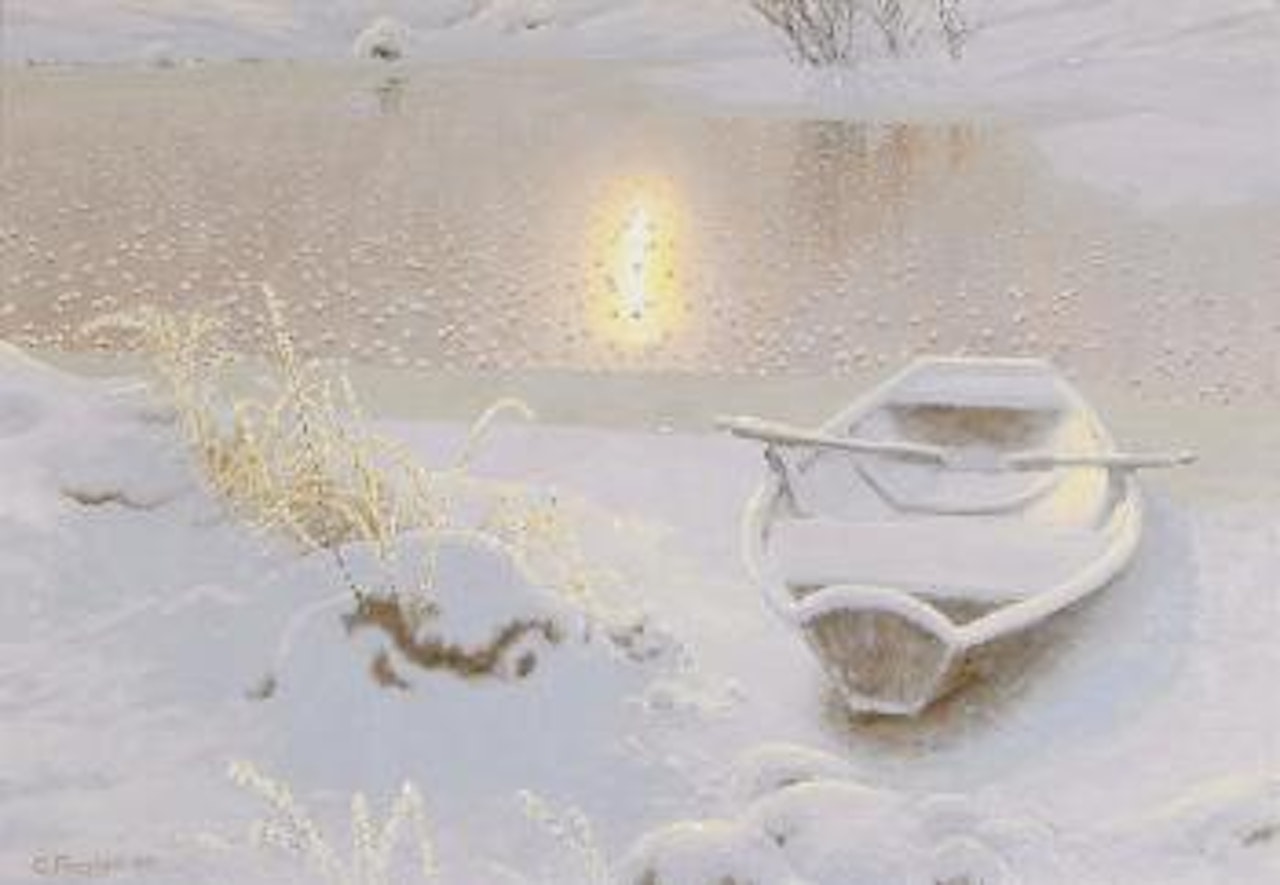 Gnistrande vinterlandskap med eka by Gustaf Fjaestad