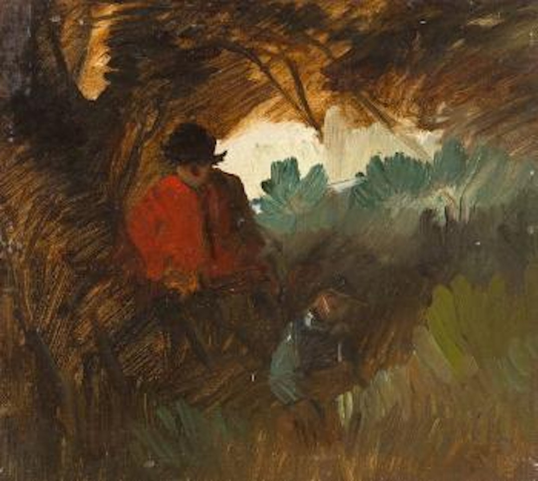 Waldinneres mit Bauernpaar in Rot und Blau by Wilhelm Busch