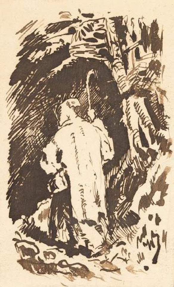 Waldinneres mit Figur in Kapuzenumhang by Wilhelm Busch