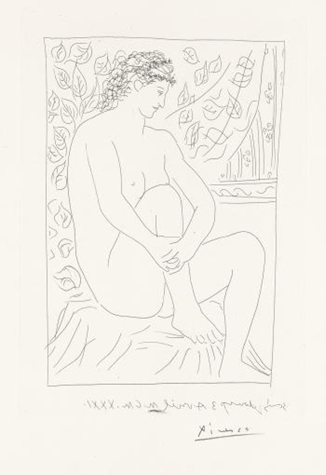 Femme nue assise devant un Rideau by Pablo Picasso