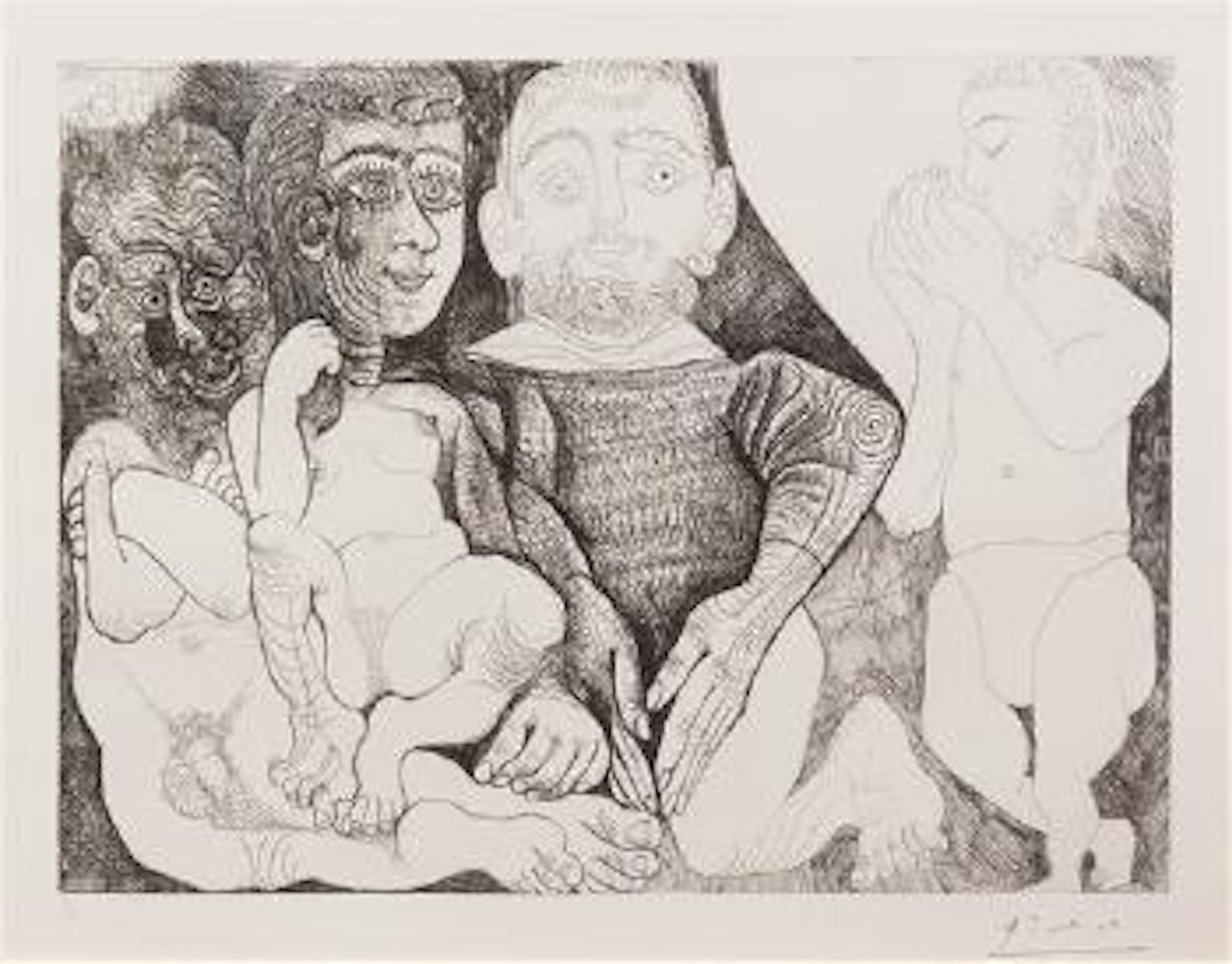 Vieil homme consupiscent et impuissant avec une prostituee espagnole sur les genoux, marin se cachant le sexe, et jardinier by Pablo Picasso