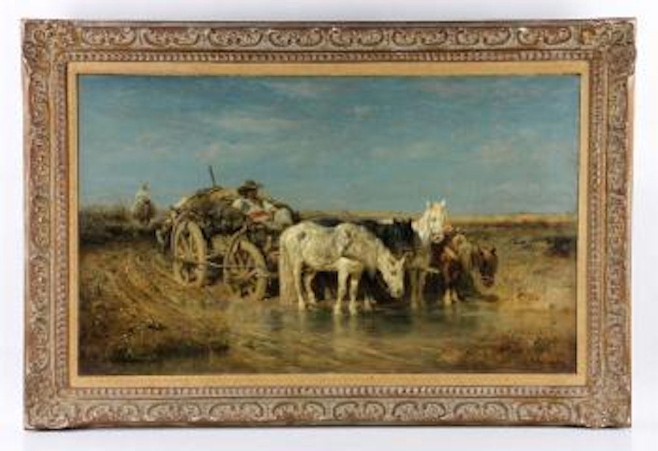 Wagon at Rest at The Waters Edge by Adolf Schreyer