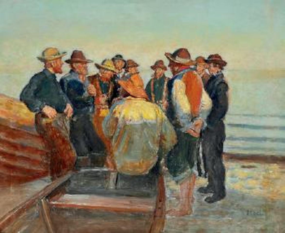 Fiskere ved stranden en stille sommeraften by Michael Ancher