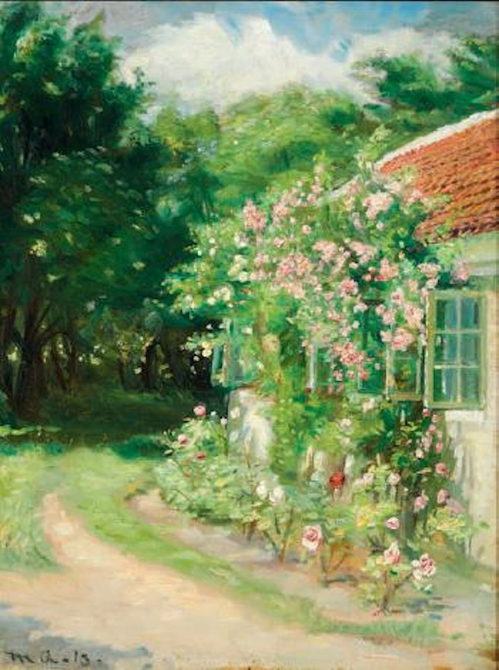 Roses in bloom in the garden by Michael Ancher