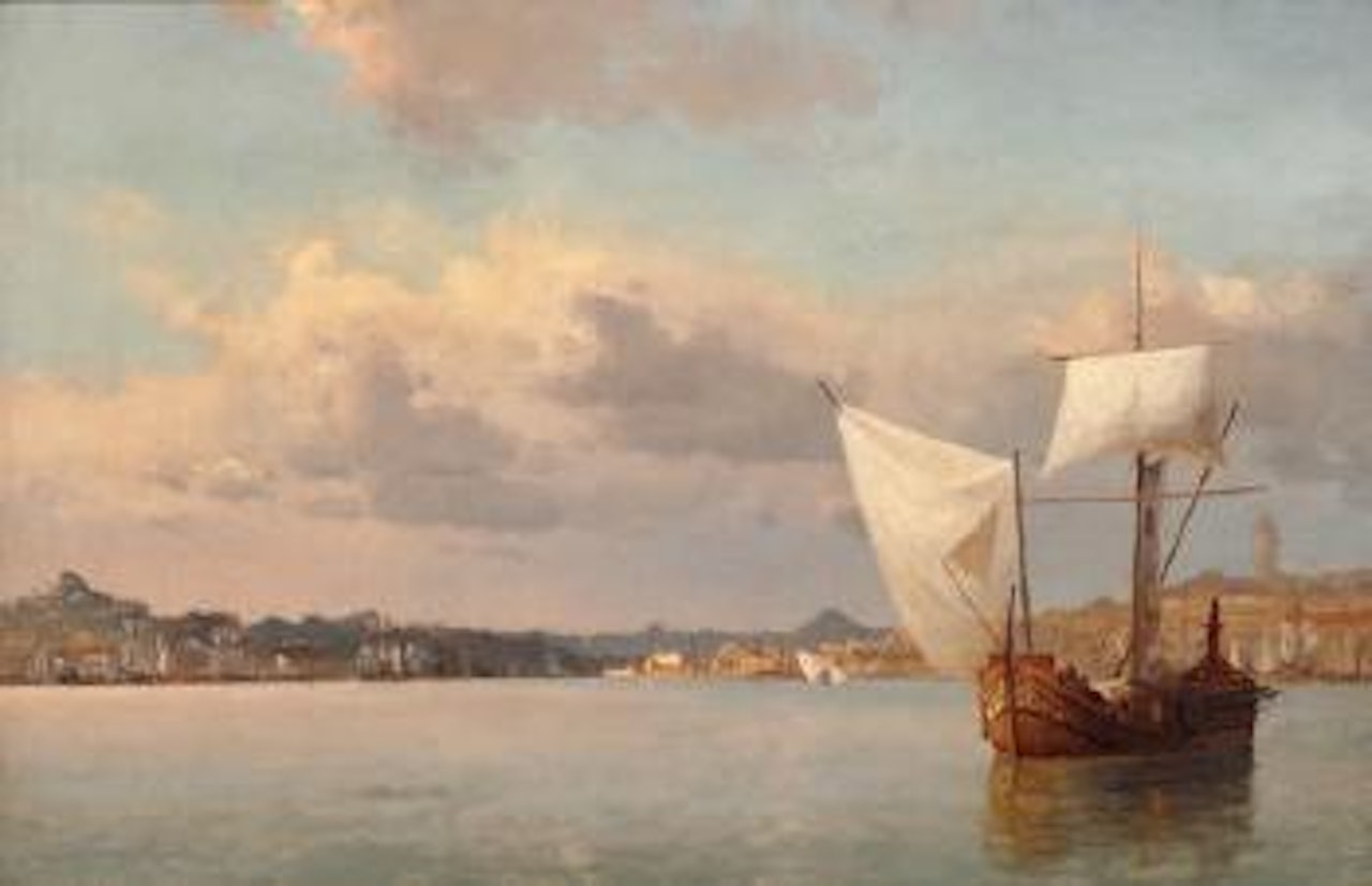 Constantinople seen from the Bosphorus with a sailing ship in the foreground by Anton Melbye