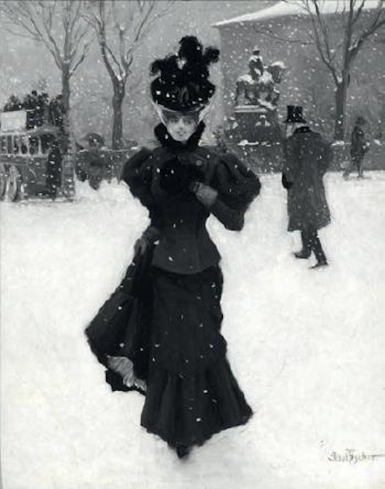 Elegant woman at Kongens Nytorv on a snowy day by Paul Fischer