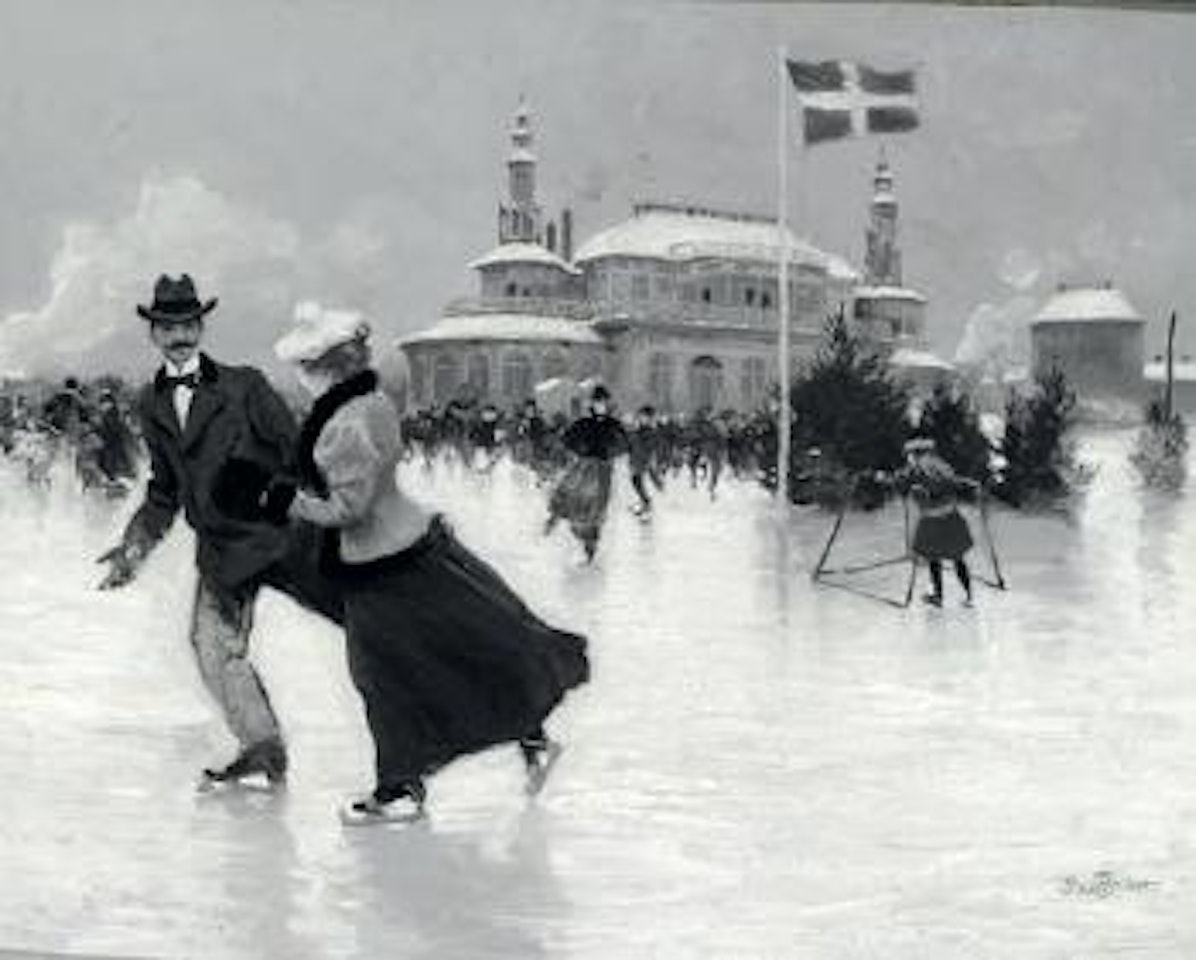 Skaters on Peblingesøen by Søpavillionen, Copenhagen by Paul Fischer