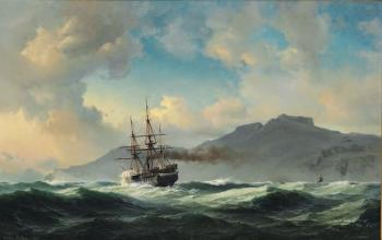 En fransk Dampfregat under øen Cerego i Middelhavet by Anton Melbye