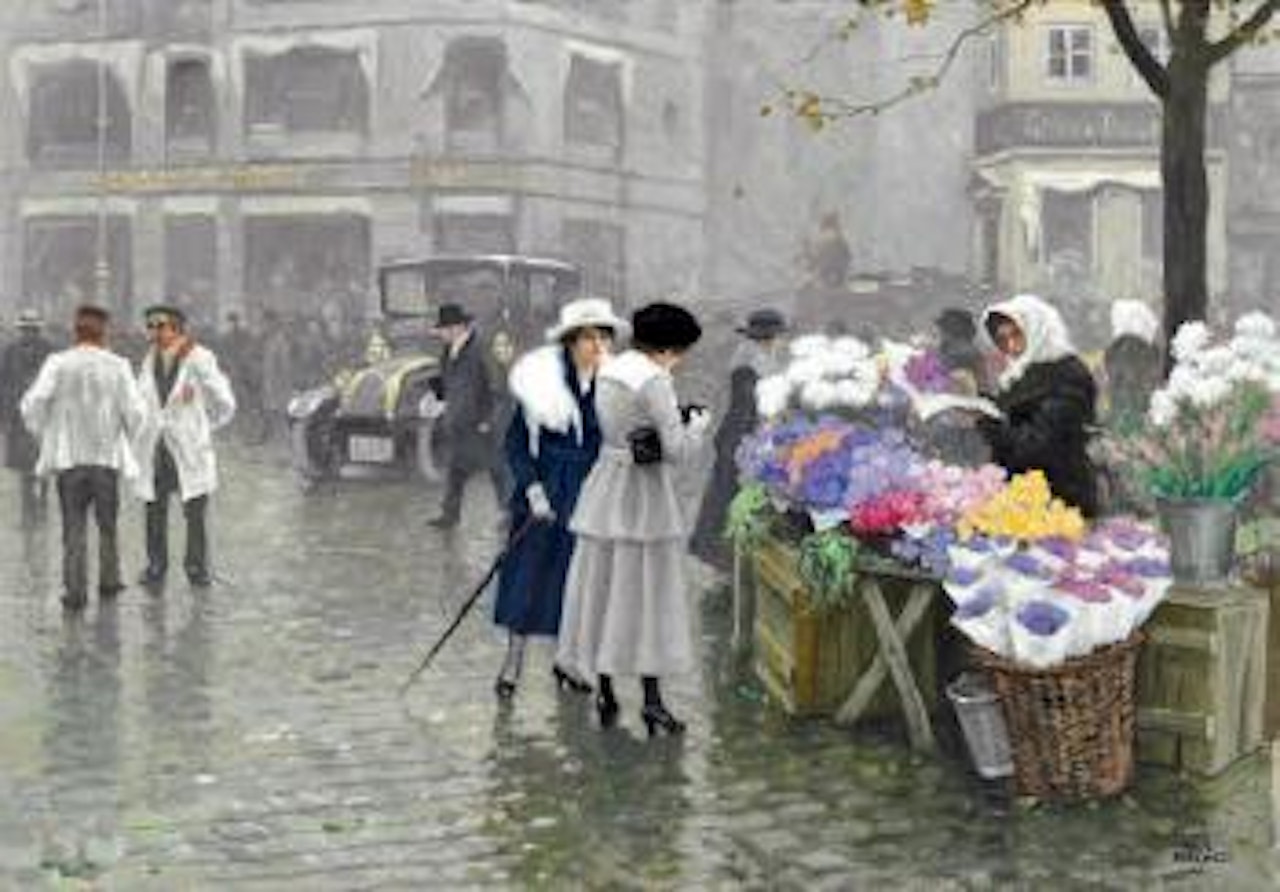 Elegant ladies buying flowers at Højbro Plads in Copenhagen by Paul Fischer