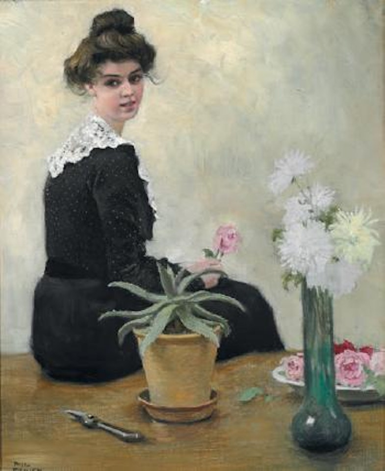 Young woman arranging flowers in a vase by Paul Fischer