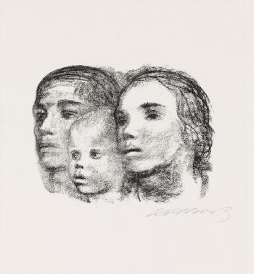 Drei Kopfe: Mann, Frau und Kind by Kathe Kollwitz