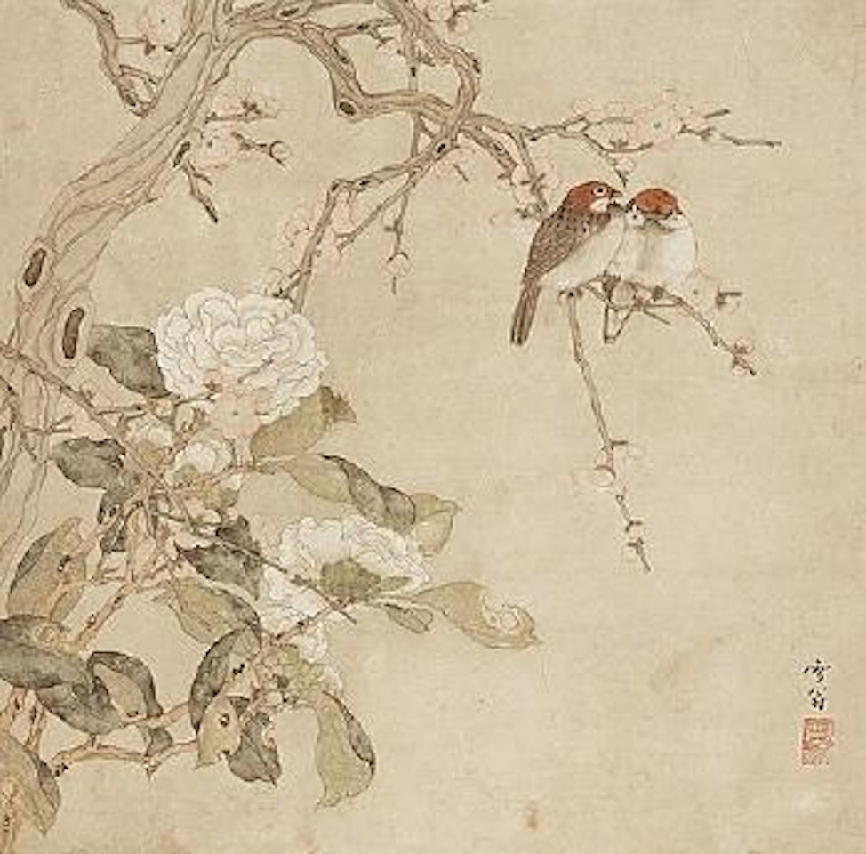 A Painting Of Sparrows, Plum Blossoms and Camellia by Chen Zhifo