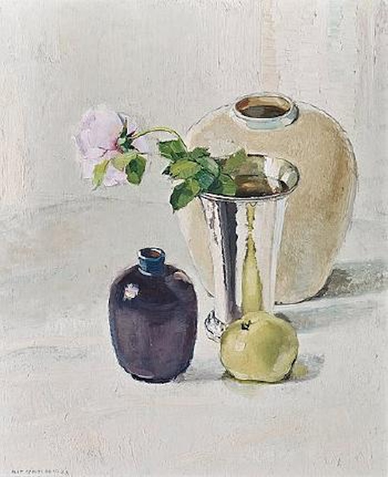 Still Life With Silver Vase And Apple by Olle Hjortzberg