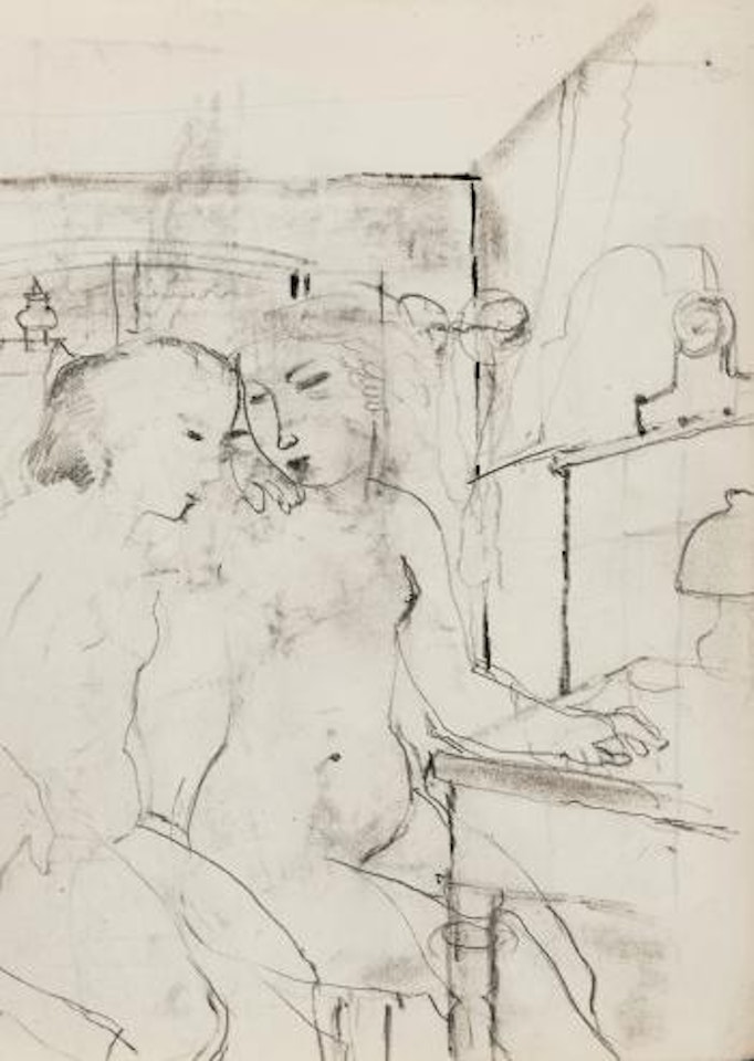 Twee zittende vrouwen in een interieur - Verso: Erotisch tafereel (ca. 1929) by Paul Delvaux