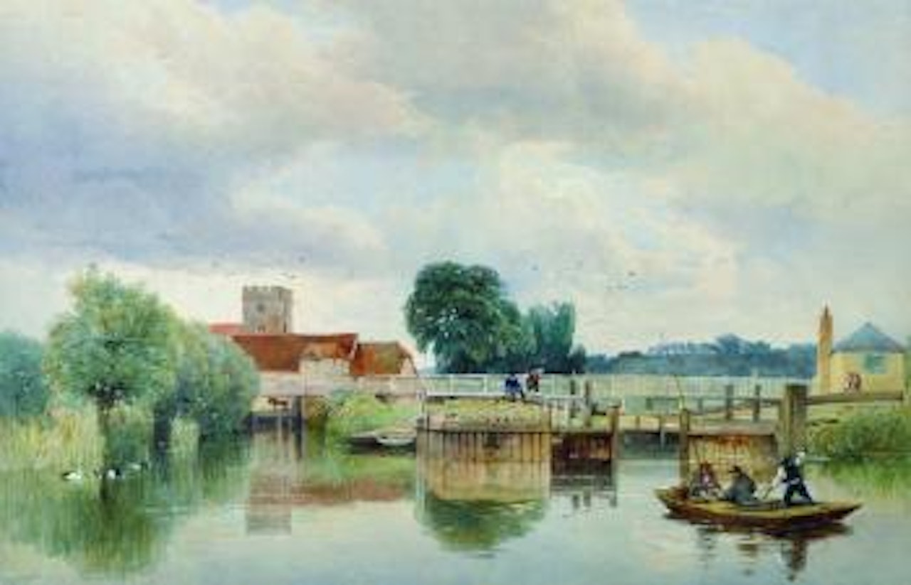 A river scene with figures in a boat by lock gates by Edward Duncan