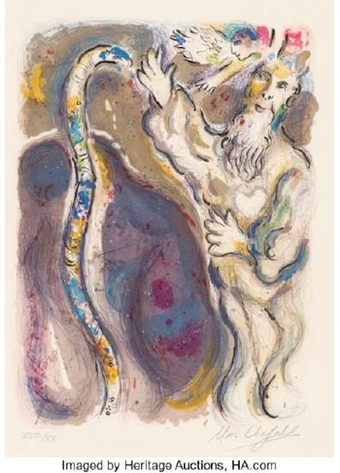 Il jeta son baton a terre qui se transforma en serpent, et Moise s'enfuit by Marc Chagall