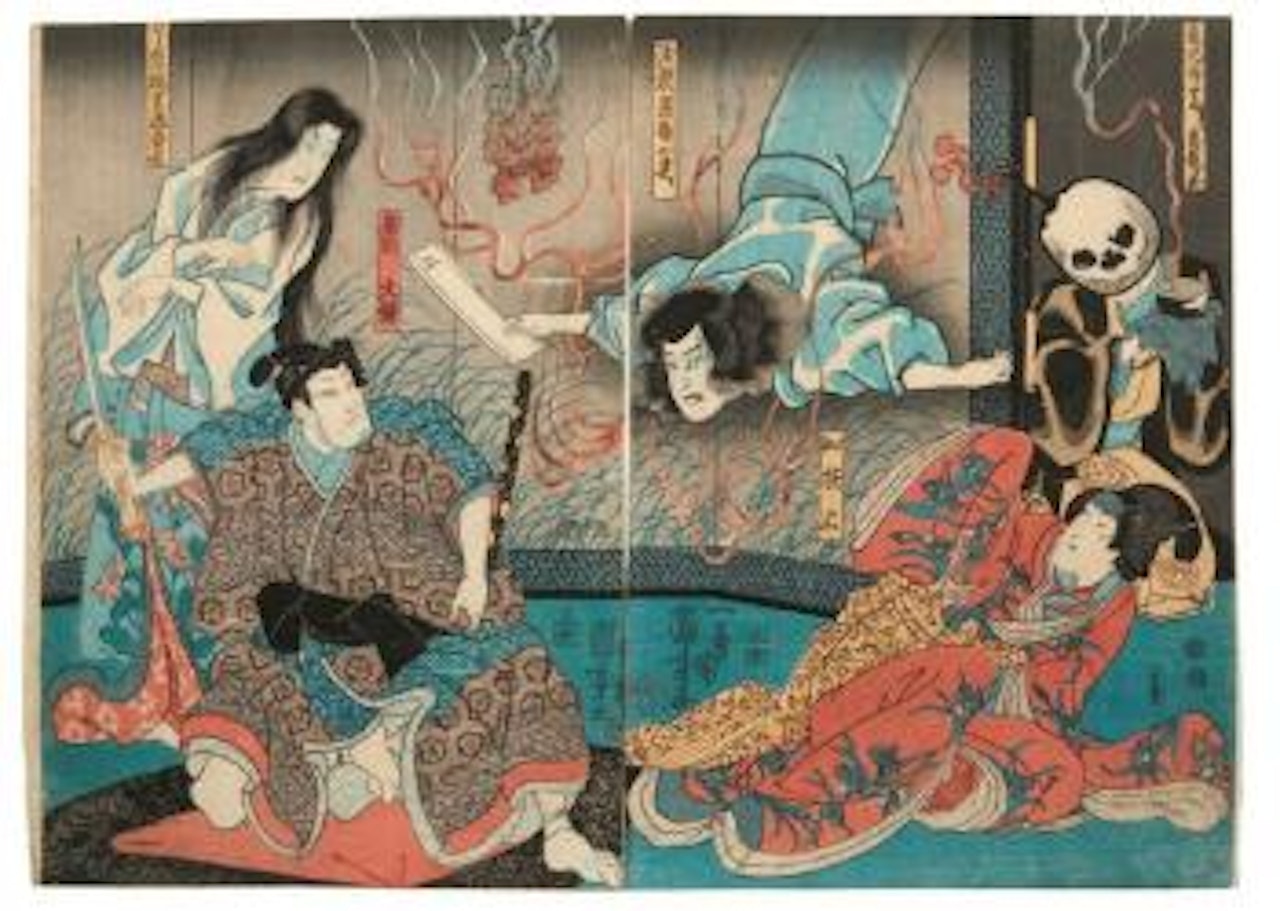 Les acteurs Ichikawa Kodanji IV dans le rôle du serveur de thé Inba, en fait le fantôme de Tôgô, Iwai Komesaburo III dans le rôle de la danseuse de Shirabyoshi Katsuragi, Ichikawa… by Utagawa Kuniyoshi