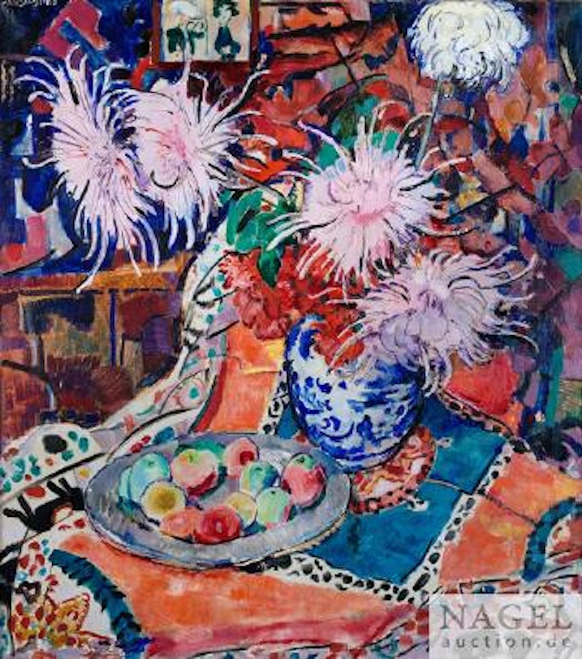 Stillleben mit Chrysanthemen in Delfter Vase und Fruchtschale by Jan Sluyters