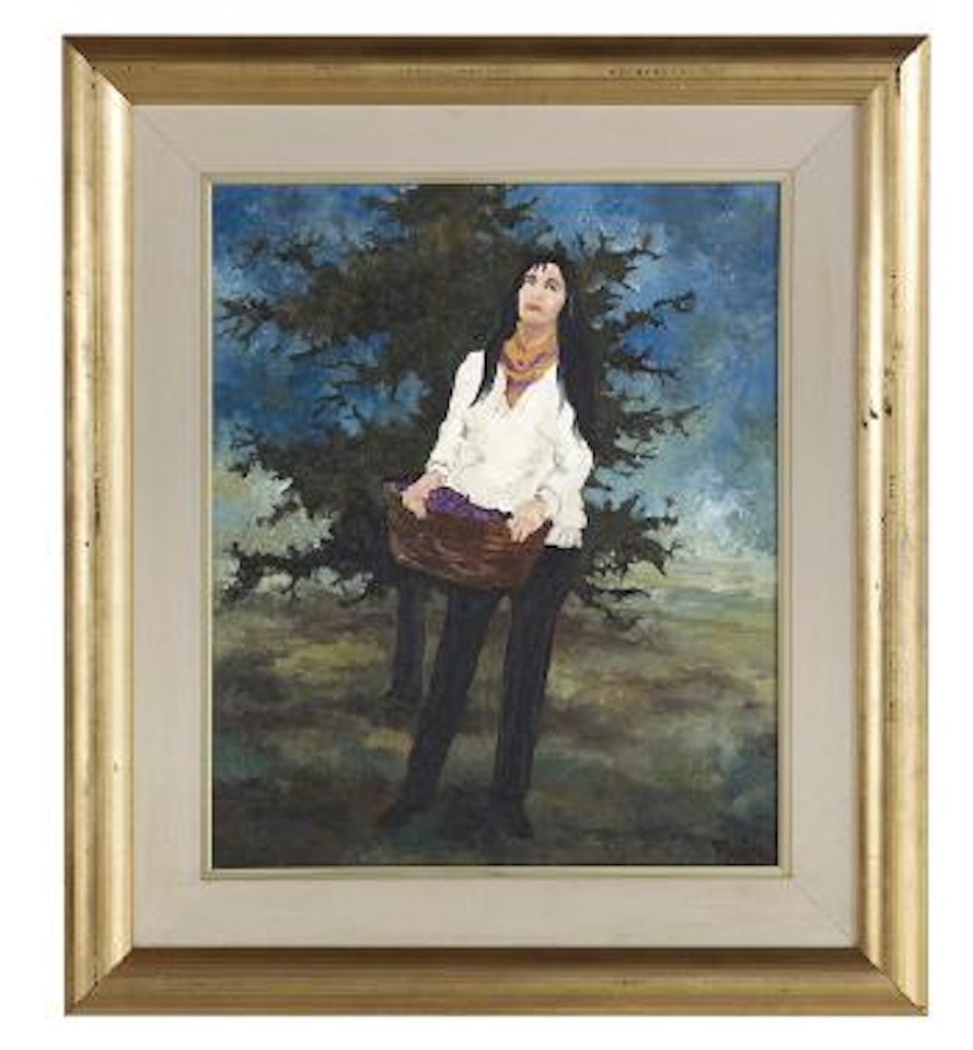 Santa Fe 'Indian' with Basket - Portrait of Evergreen Lake by George Rodrigue
