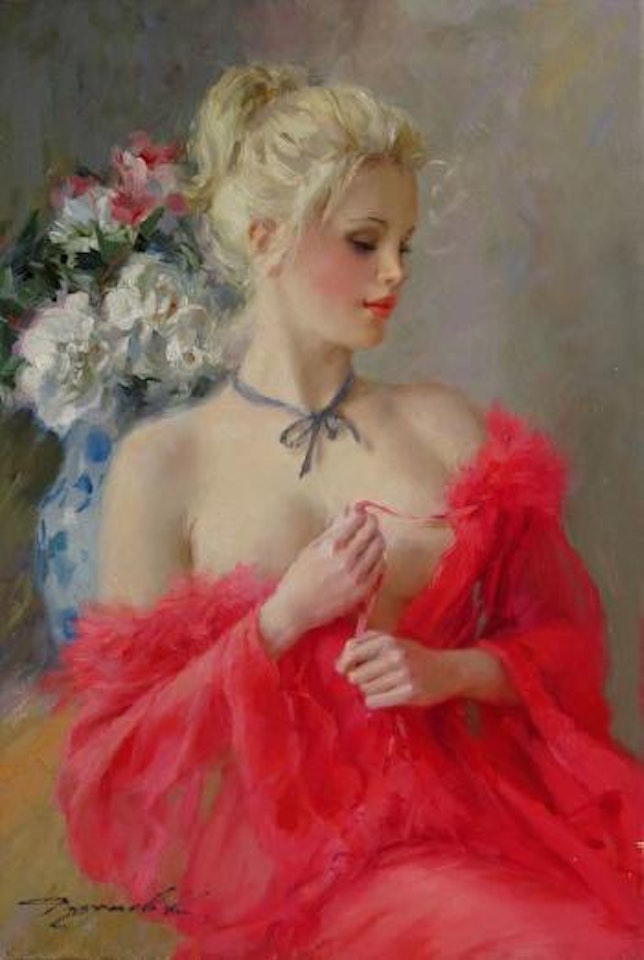 Le déshabillé en peignoir rouge by Constantin Razoumov