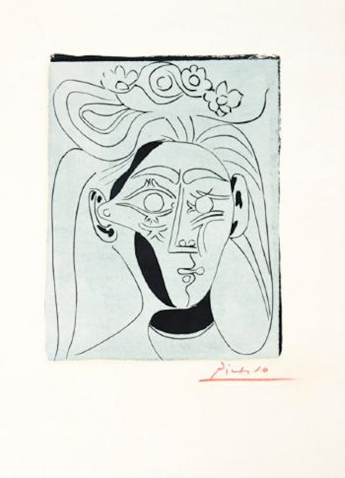 Jacqueline in a flowered hat (Woman in flowered hat),
Mougins, February 1962 by Pablo Picasso