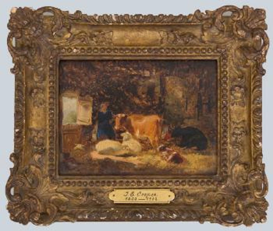 Cattle in a byre, with a dairy-maid by Thomas Sidney Cooper
