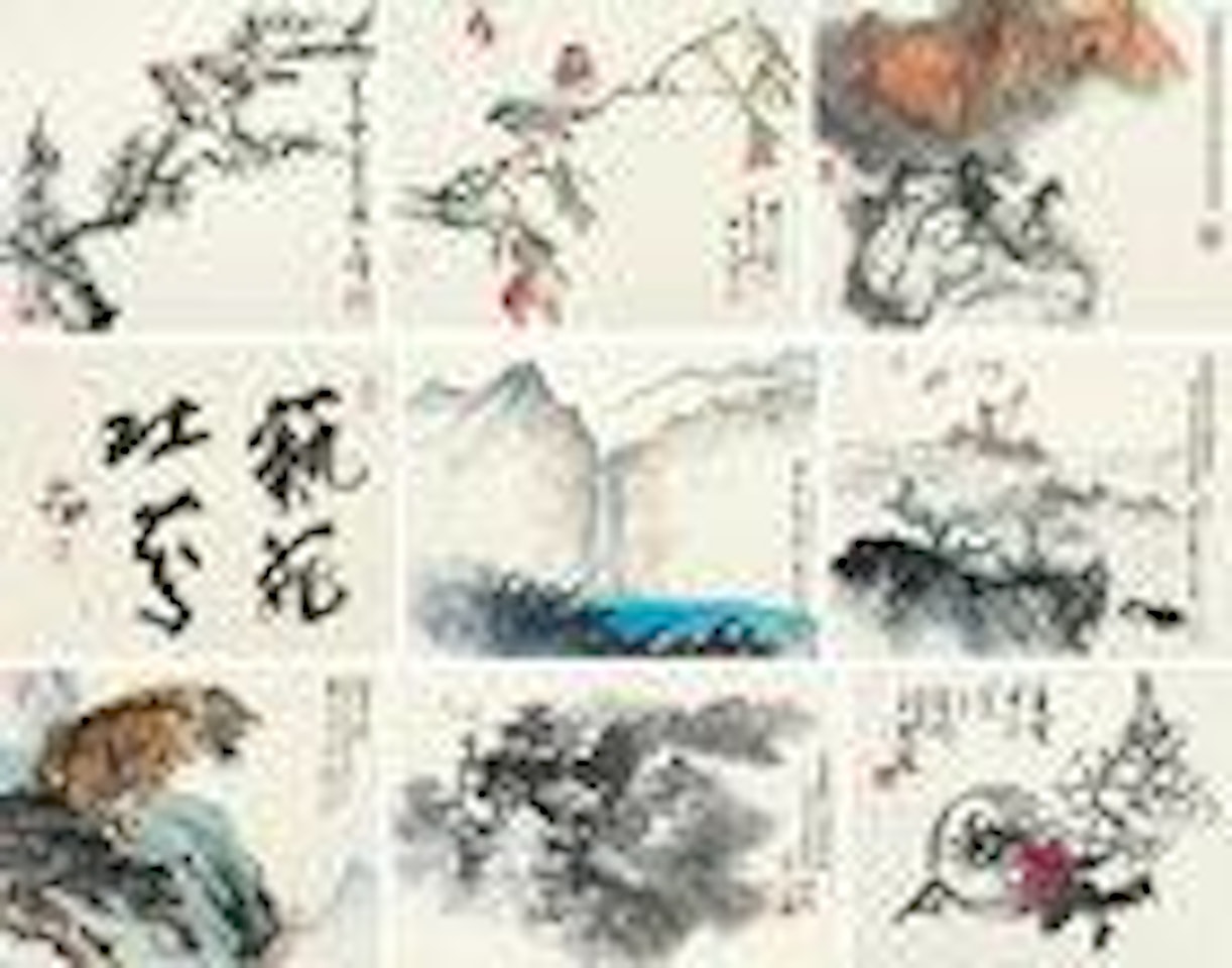 Birds and Flowers, Landscape, Calligraphy by He Haixia