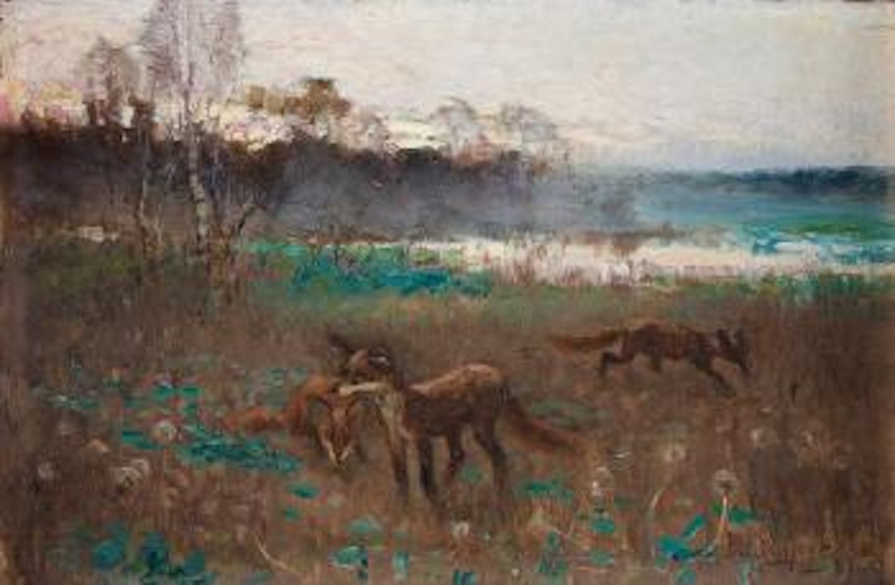 A Dusk Landscape With A Family Of Foxes by Bruno Liljefors