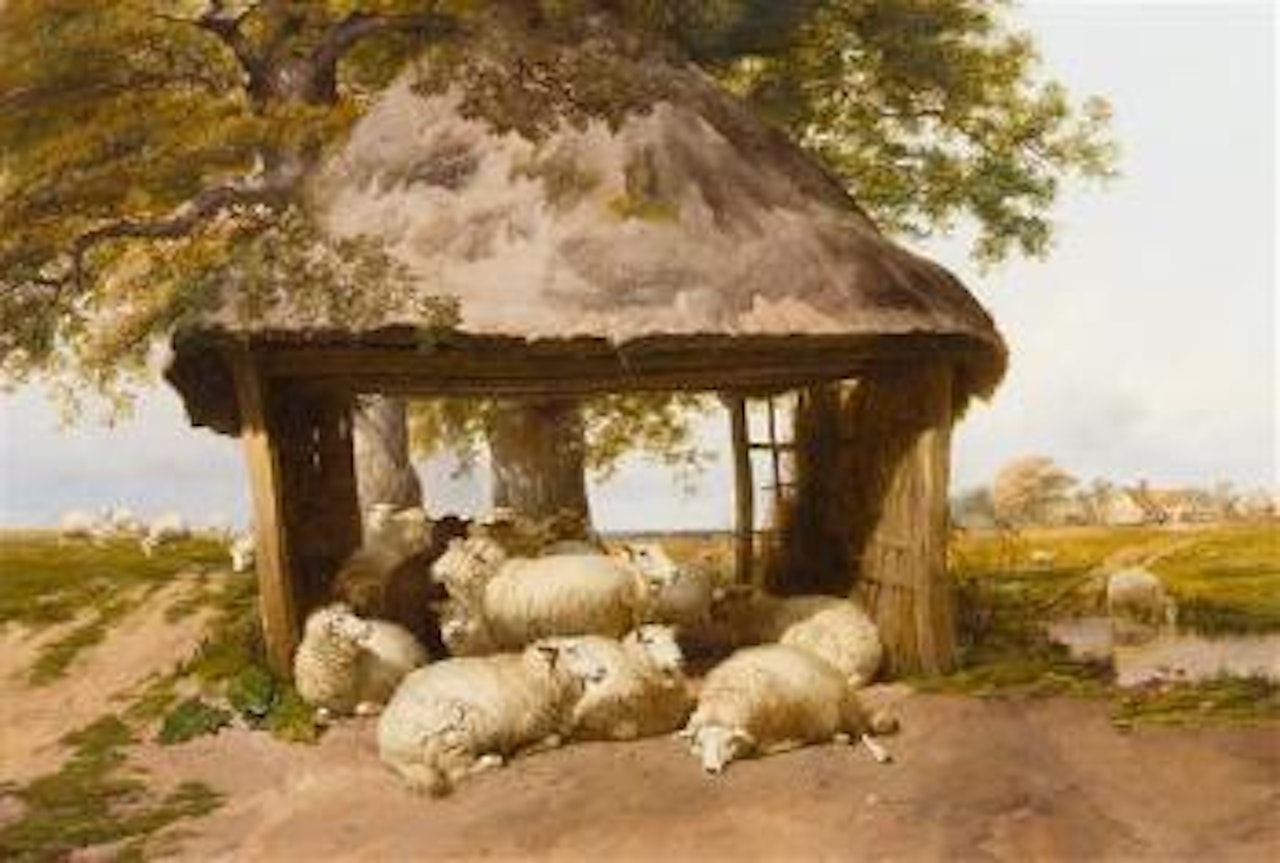 A flock of sheep sheltering in a pasture by Thomas Sidney Cooper