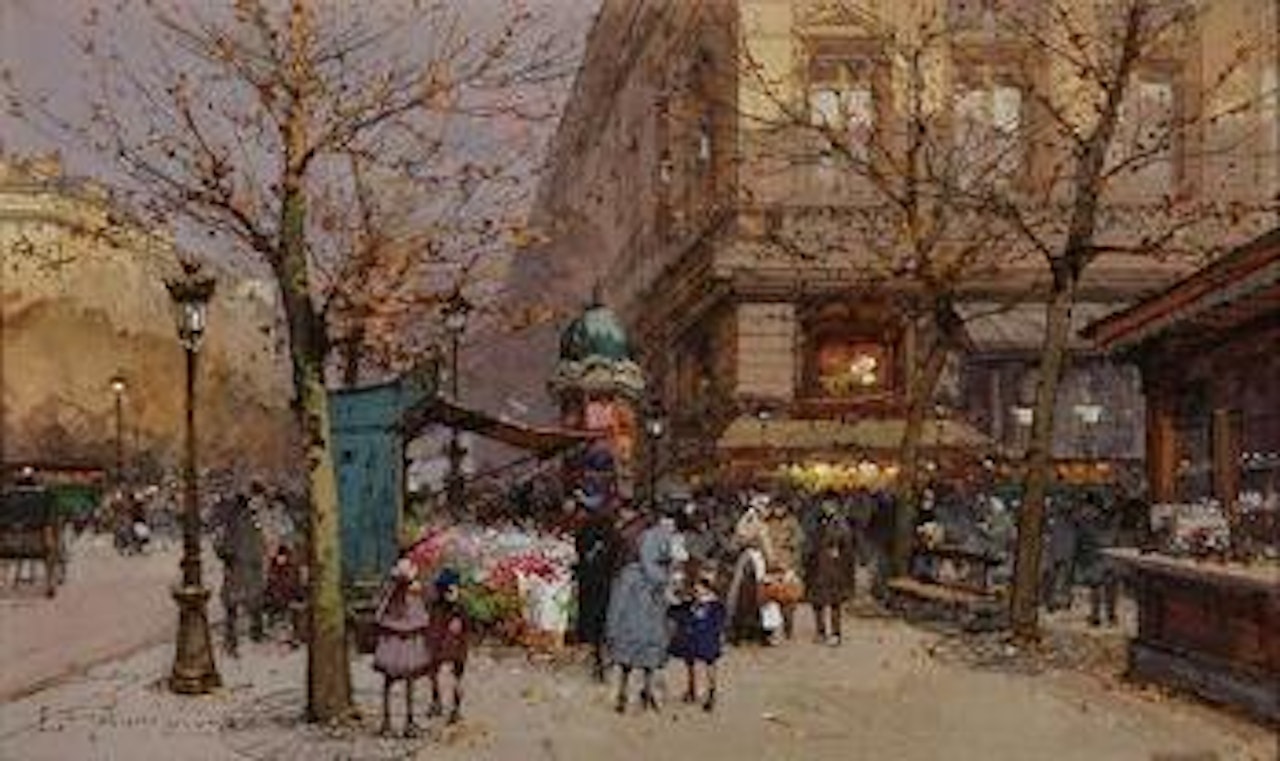 Les bouquinistes sur le quai du Louvre, Paris by Eugene Galien-Laloue
