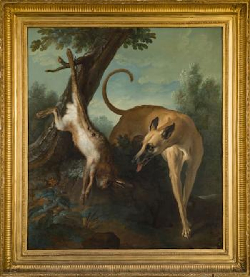Lévrier surveillant un trophée de chasse au lièvre by Jean-Baptiste Oudry
