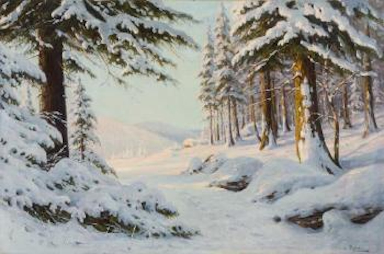 Verschneite Winterlandschaft im sonnigen Licht by Walter Moras