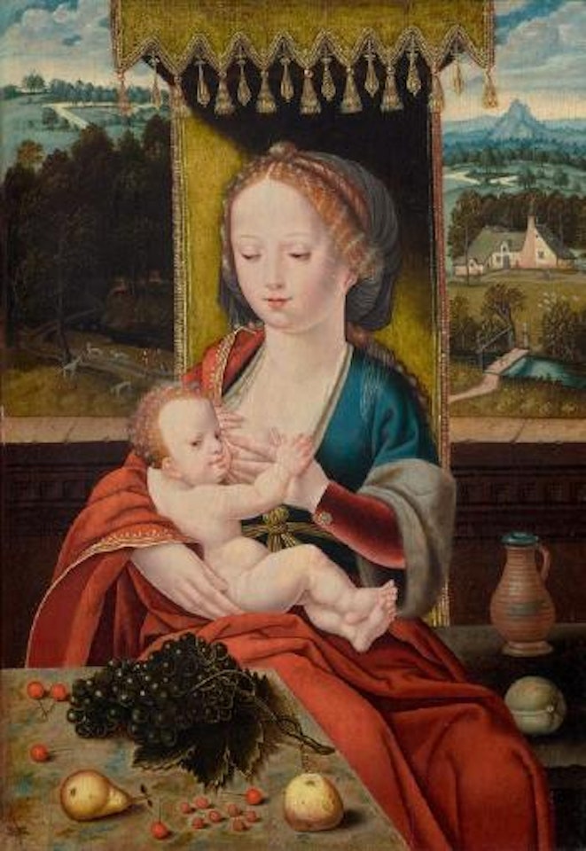 Madonna and Child under a canopy before a landscape (Maria Lactans) by Joos van Cleve