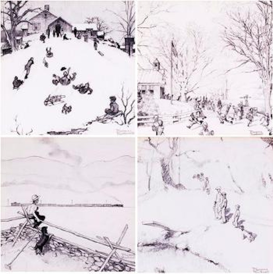 Winter, sledding. Spring, schools out. Summer, watching the train. Autumn, back to school by Norman Rockwell