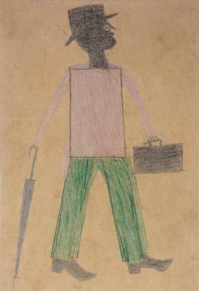 Purple and green man with umbrella by Bill Traylor