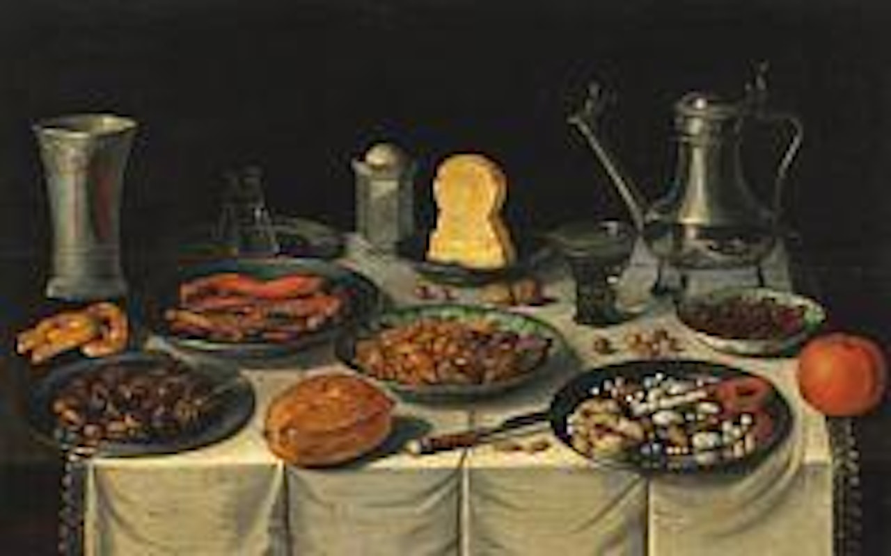 Still life with meat, fruit and bread by Dutch School