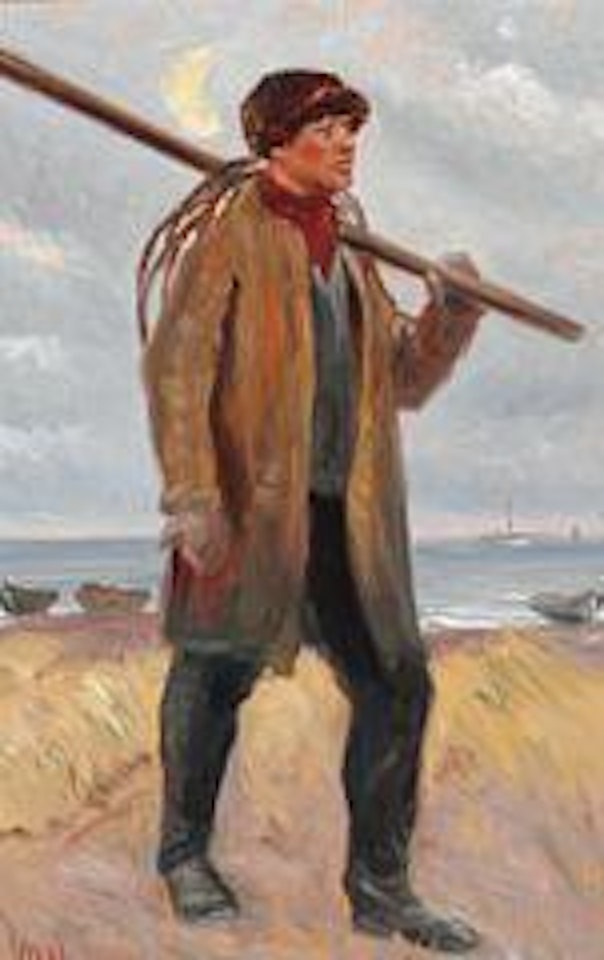 A walking fisherman on Skagen Beach. In the background rowing boats by Michael Ancher
