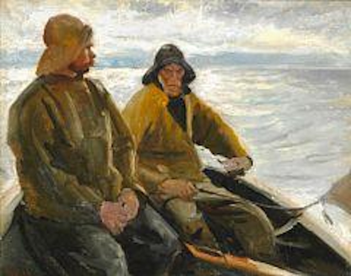 Two Skagen fishermen in a rowing boat at dusk by Michael Ancher