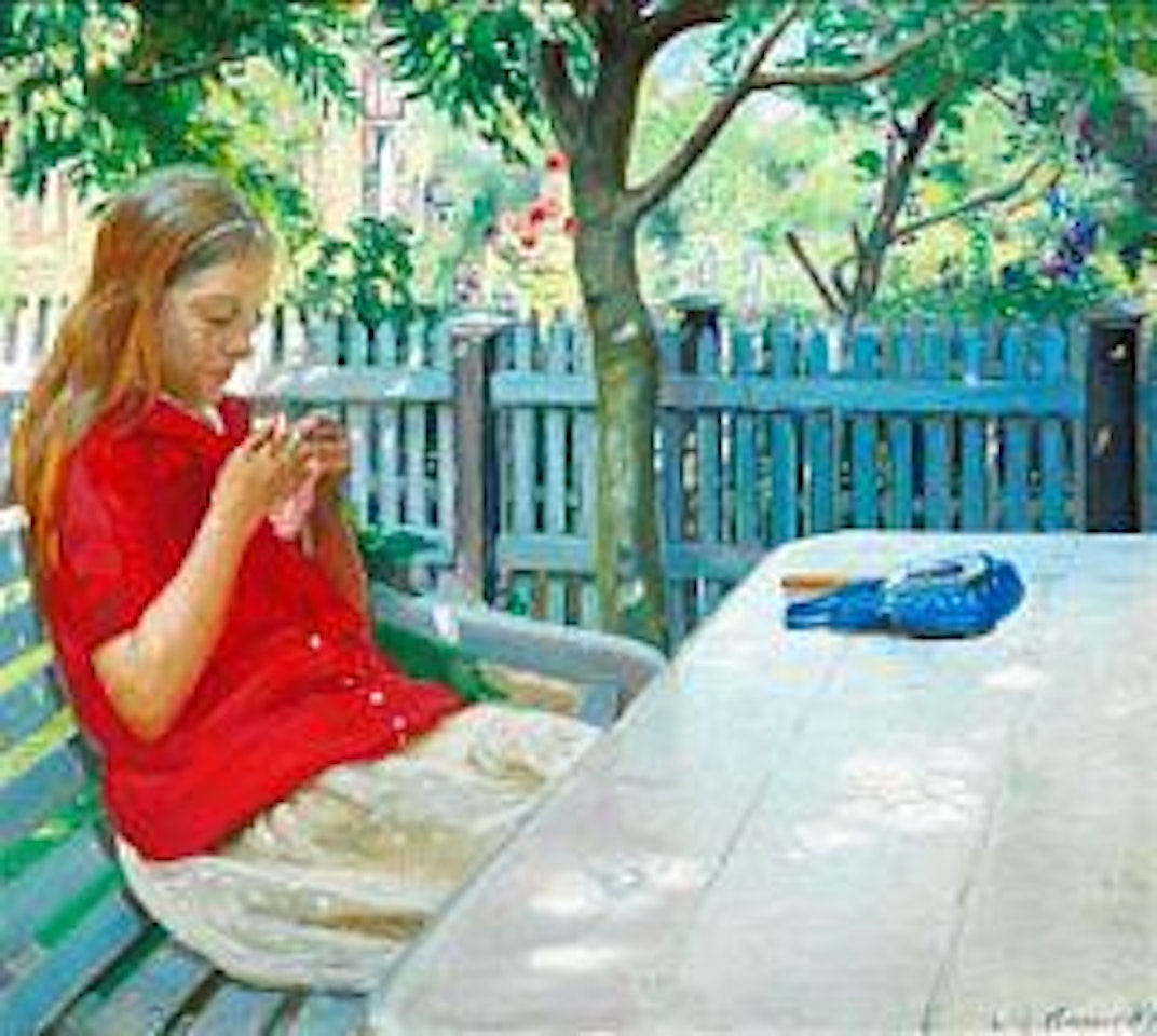 A little girl in red blouse crocheting in the garden by Michael Ancher