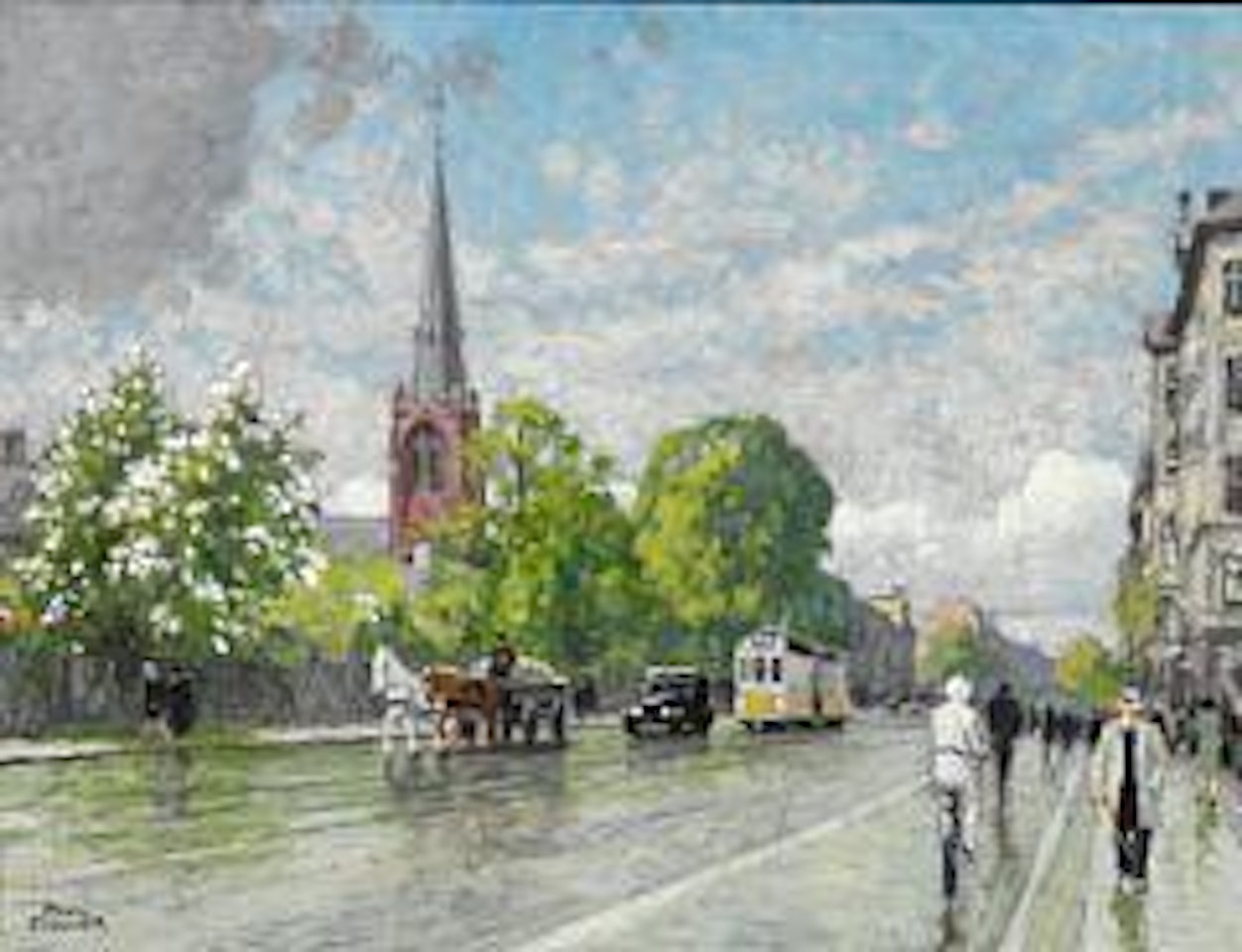 Busy traffic on Østerbrogade near St. Jacob's Church in Copenhagen by Paul Fischer