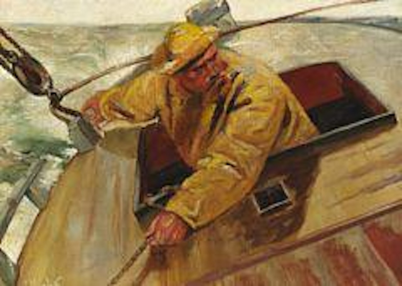 A fisherman in yellow rainwear in his boat by Christian Krohg