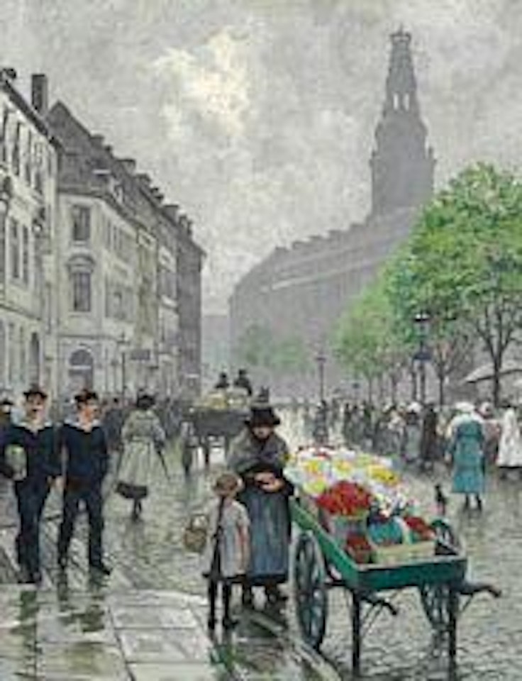 Lively street scene at Højbro Plads towards Christiansborg in Copenhagen. In the foreground a woman selling flowers and two sailors by Paul Fischer