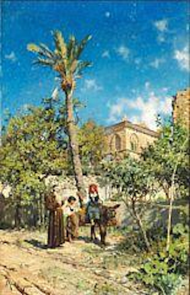 Palazzo di S. Stefano. Taormina. Sicilien. Outside Palazzo St. Stefano in Taormina in Sicily, two girls offering oranges to a monk by Peder Mork Monsted