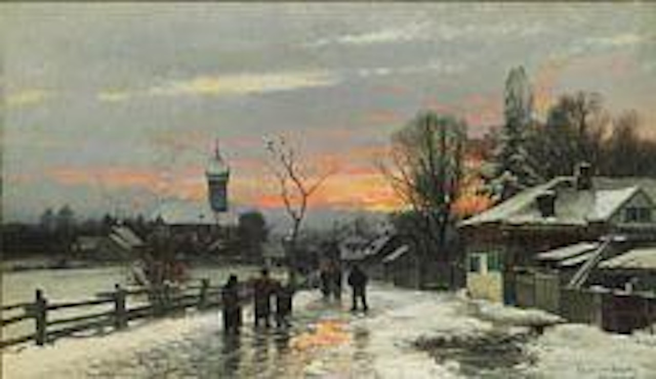 People on their way to church on a winter evening, Munich by Anders Andersen-Lundby